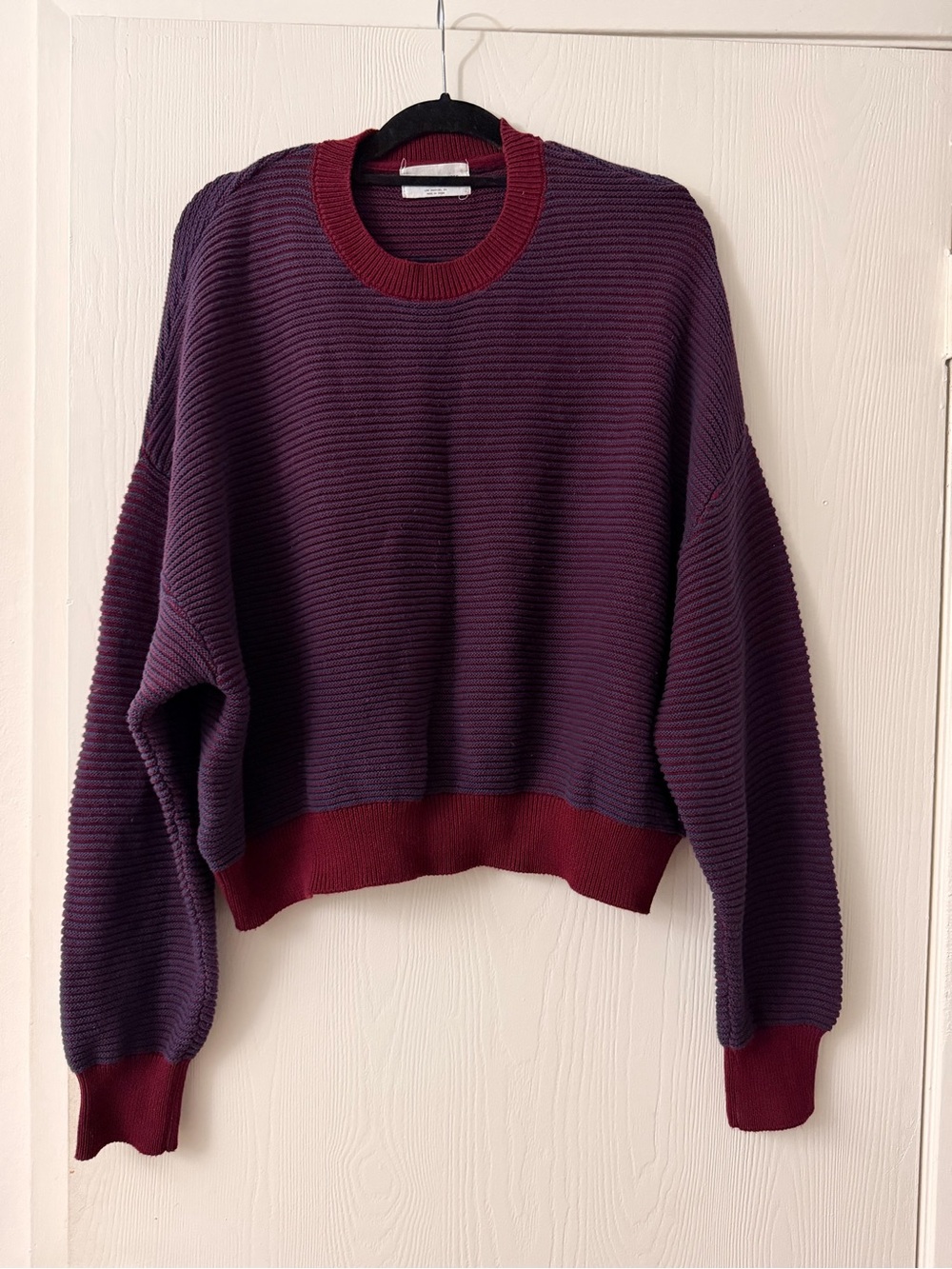 Spiritual Gangster Ribbed Crewneck Sweater in Plum with Burgundy Trim